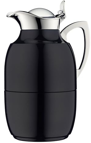 alfi JUWEL Isolierkanne 1,0L black polished, Thermoskanne Edelstahl mit Glaseinsatz, für Kaffee & Tee, Einhandbedienung, Für Heiß- & Kaltgetränke
