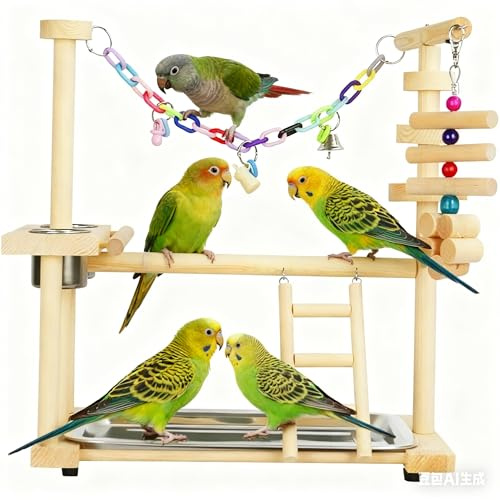 Aartner Bird Playground Parrot Perch Play Stand with 2 Feeder Cup Swing Climb Ladder and Tray Budgie Playground Cage Exercise Gym Toys for Parakeets Cockatiel, Wooden