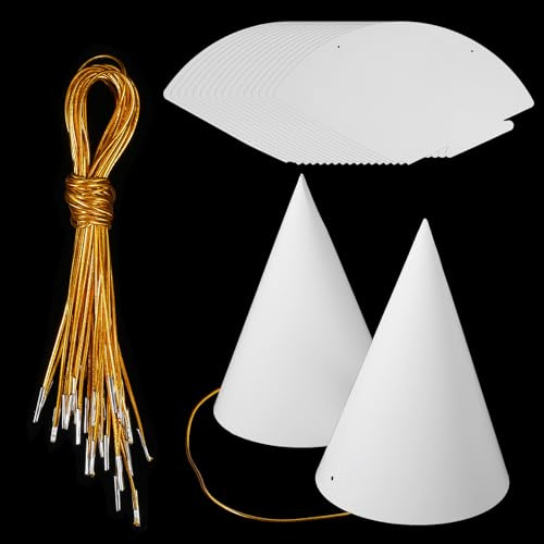 Classicseali 20pcs Party Hat,Art DIY White Party Hat,Birthday Cone Hats Crafts with Gold Elastic Cord,for Children Adult Painting Halloween Christmas Supplies Costume Headdress