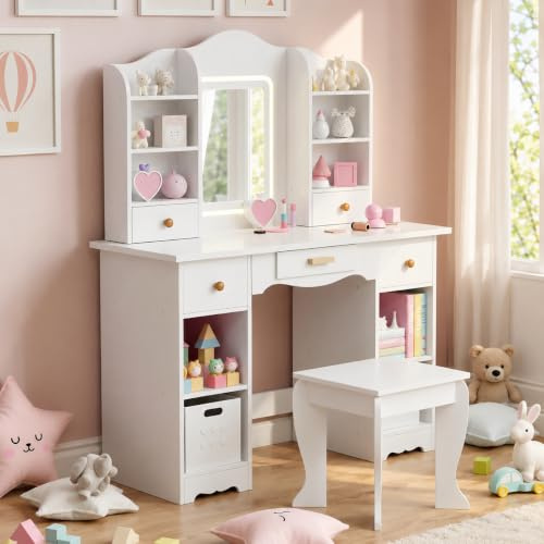Clevich Coiffeuse Enfants avec Miroir et Tabouret, Coiffeuse pour Fille | Table de Maquillage Fille avec 5 Tiroirs et 10 Compartiments de Rangement, 95x34x118cm, Bureau pour Enfant, Blanc