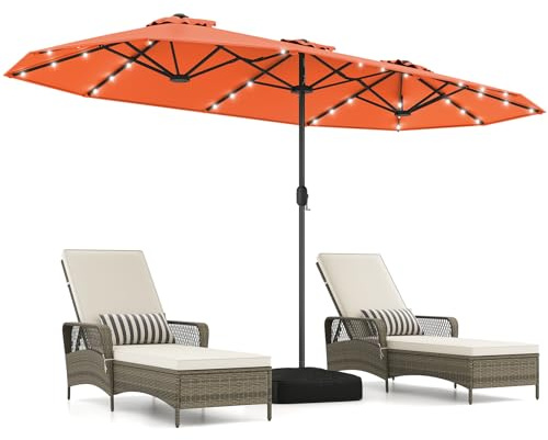 COSTWAY Ombrellone da Giardino Doppio 400 x 200 cm, con 36 Luci LED Solari, Manovella 12 Stecche, Base, Anti-UV, Rettangolare, per Giardino Piscina Cortile (Arancione)