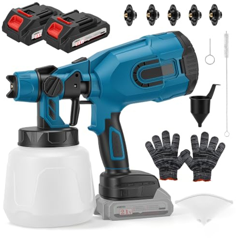 Pistola Pintura Bateria,Pulverizador de Pintura 21 V, Pistola Pintura con batería con 3 Patrones, 1400ml HVLP Pistola con 2 Baterías de 3000 mAh y Ccargador para Cercas, Paredes, Techos(Azul)