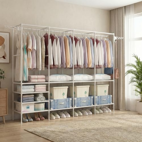 Porte-manteaux 4 niveaux, Armoire ouverte avec tringle et étagères, Porte-vêtements en métal, Armoire autonome pour chambre, salon et entrée, Blanc
