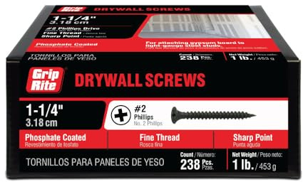 Grip-Rite Fine Thread Drywall Screws - #2 Phillips Bugle Head - Sharp Point - Attach Drywall to Steel Studs - Phosphate Coated - #6 X 1-1/4 - 1 Lb Box - 238 Count - 114DWS1
