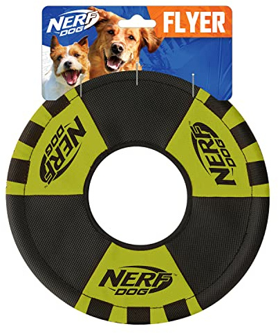 Nerf Dog Trackshot Toss and Tug Ring Dog Toy, Lightweight, Durable and Water Resistant, 9 Inches, For Medium/Large Breeds, Single Unit, Green/Black