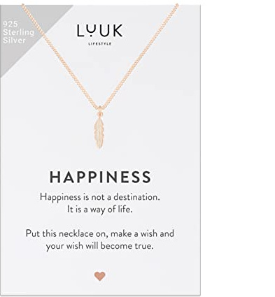 LUUK LIFESTYLE Halsband i 925 Sterling Silver med fjäderhänge och ett inspirerande HAPPINESS-kort, lyckoamulett, vänskapsgåva, damsmycken, rosé