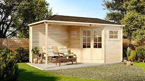 Alpholz 5-Eck Gartenhaus Franz-28 mit Anbau aus Massiv-Holz, Gerätehaus mit 28 mm Wandstärke, Garten Holzhaus inklusive Montagematerial, Geräteschuppen Größe: 500 x 250 cm