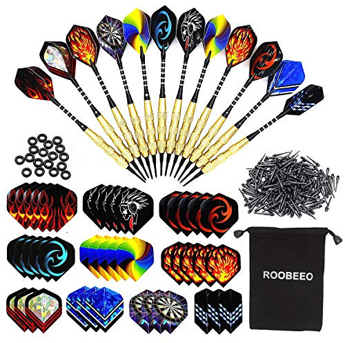 ROOBEEO Soft Tip Darts 12 Pcs 18g Plastic Tip Darts Set with Brass Steel Barrels&Aluminum Shafts,200 Extra Dart Tips 42 Dart Flights 20 Extra Rubber Rings and 1 Storage Bag for Electronic Dart Board