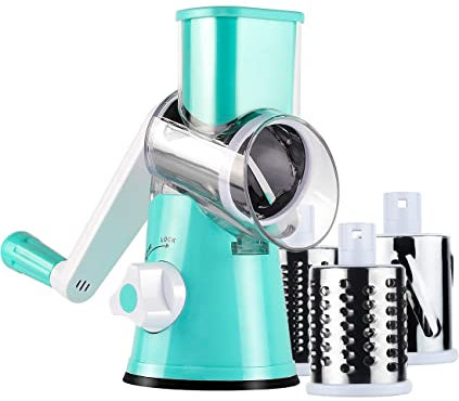 Ancevsk Cheese Grater Hand Crank, Rotary Vegetable Shredder with Handle and Strong Suction base, 3 in 1 Kitchen Speed Spin Veggie Slicer Nut Grinder for Pizza Top, Hash brown, Salad and More (Blue)