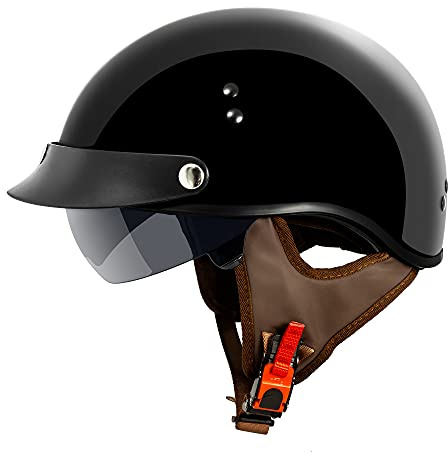 VCAN Cruiser Solid Gloss Black Half Face Motorcycle Helmet with Drop-Down Sun Visor, Removable Peak and Quick Release Buckle (Medium)