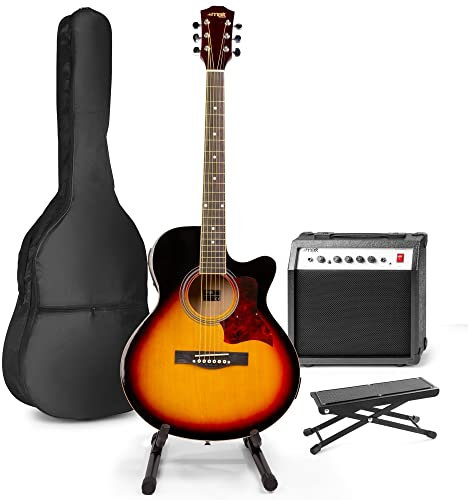MAX ShowKit Elektro Akustik Gitarre Set mit Verstärker 40 Watt, mit Tasche, Fußhocker, Ständer, Gitarrenstimmgerät, Instrumentenkabel, Plektrum und E Akustikgitarre mit Tonabnehmer, Sunburst