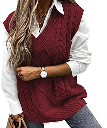 Niwicee Maglione Senza Gilet Donna Scollo a V Pullover Maglioni Invernali Maniche Maglione Smanicato Invernale Elegante Maglia Gilet Smanicato-Rosso-S