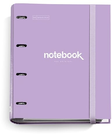Miquelrius - Raccoglitore a 4 anelli A4 Emotions, 100 fogli a quadretti, Chiusura con elastico per l'uso come materiale scolastico, Copertina rigida in cartone, Colore lavanda