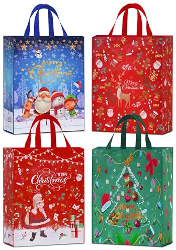 AhfuLife 4 Stück Geschenktüten Weihnachten Groß, 54x 41x 16cm, Non Woven Weihnachtstaschen Weihnachtstüten mit Griffen, Wiederverwendbare Weihnachtsgeschenktüten, Weihnachts Geschenktüten