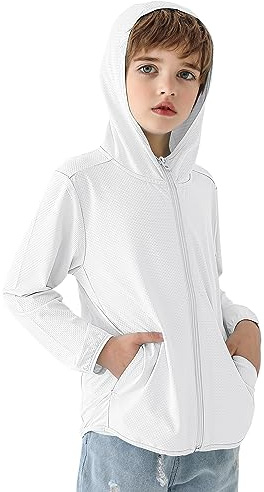 Auranso Kids Zip-Up Hoodie Girls Boys UPF50+ Sun Protection Jacket Hooded Cooling Shirt White 5-6 Years