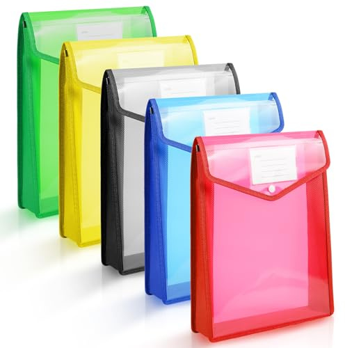 Vicloon A4-plastmappar för dokument, 5 st vertikala plastmappar, kuvert för skola, kontor, hem, med tryckknappsknäppning och kortfack (blå/gul/röd/grön/vit)