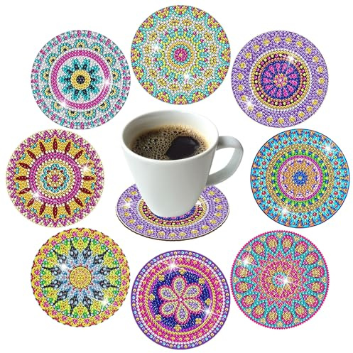 JSTHHTT 8 Piezas Pintura de Diamante Posavasos Mandala, Kits de Posavasos de Pintura de Diamantes, Posavasos de Diamantes DIY, para Adultos Niños Principiantes