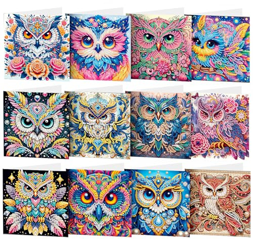 CAYUDEN Diamond Painting Card Set, 12 Pack Diamond Art Cards DIY Handmade Diamond Painting Greeting Card with Envelope Set Card Making Kit 5D Gem Painting Greeting Card Art Craft Kit for Adults, Kids