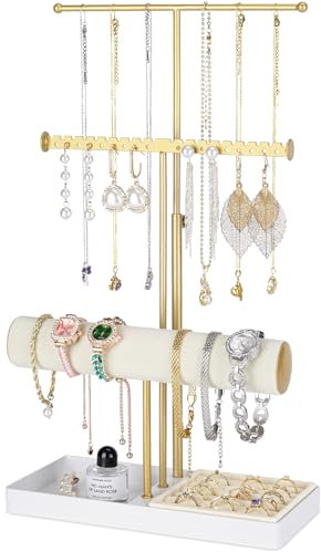 Huquter Porte Bijoux Femme Étagère à Bijoux 3 Niveaux Porte Collier Rotative Rangement En Métal avec Plateau Velours pour Bagues