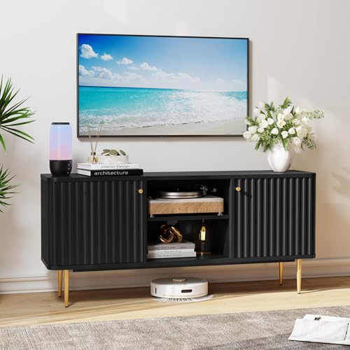 HOLTICO TV Stand Cabinet 55 Inch, Fluted Modern Wooden TV Console Unit with Storage and 2 Doors, Black Cabinets for 55/60/65 Inch Television, TV Tables for Living Room, Bedroom