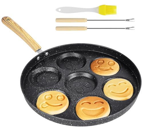 ICEBLUEOR Pancake Pan, 7 Holes Non Stick Pancake Maker, 26 cm Egg Frying Pan Pancake Mould, Mini Pancake Maker Crepe Pan, Versatile Induction Pancake Pan with Turn Sticks and Brush