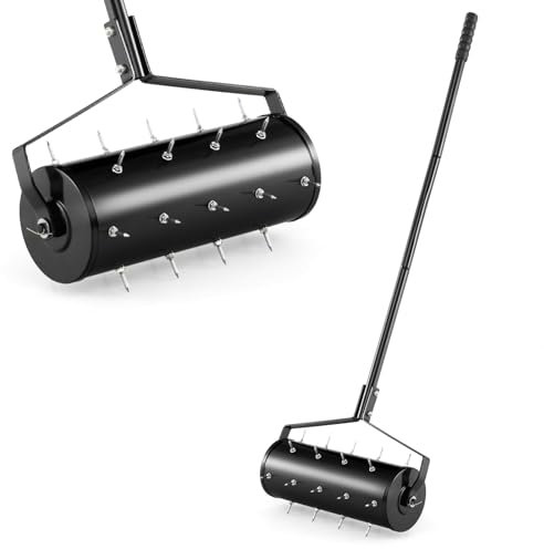TANGZON 45cm/53cm Lawn Aerator, Heavy-Duty Rolling Spreader Lawn Care Tool with 130cm Metal Handle, Fillable Drum, Manual Aerator Gardening Roller for Garden Grass Patio Yard (Black,45x14x130cm)