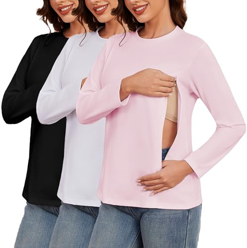 Love2Mi 3-Pack Women's Long-Sleeved Nursing Shirt with Zipper Maternity Wear for Breastfeeding T-Shirts for Pregnant Women, M
