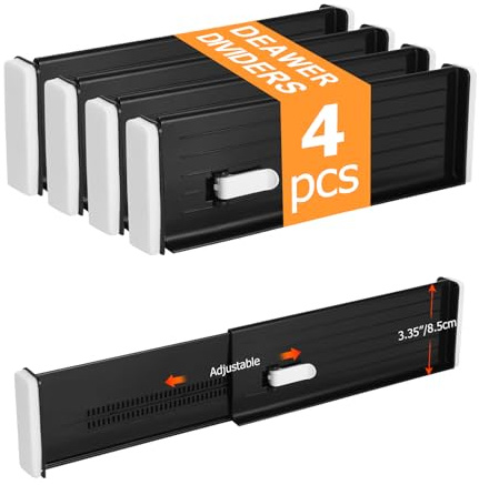 Cexovo Separateur Tiroirs Reglable,27-45 cm Organisateur de Tiroir Réglables, Organisateurs de Tiroir Extensibles,pour Rangement de Cuisine, Chambre à Coucher, Commode (4 Pièces,Noir)