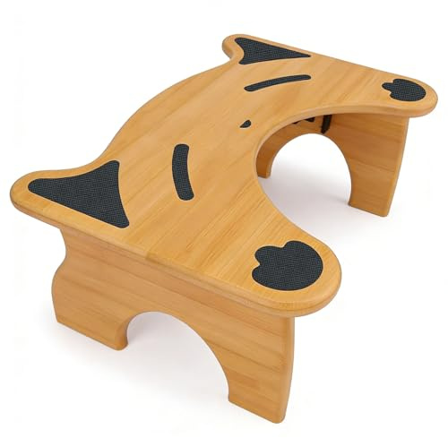 Muorruo Sgabello Pieghevole da Toilette in bambù con Design di Gatto, Grande Sgabello Antiscivolo per Bagno per Adulti e Anziani, Sgabello salvaspazio (Naturale)