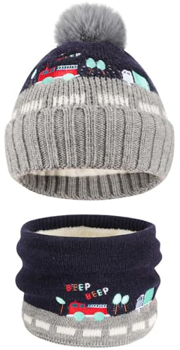 Jupsk Kids Beanie Hat Scarf Set, Winter Snood Knit Thick Neck Warmer Fleece Lining Pom Pom Hat for Children Boys Girls 3-10 Years（Navy Blue