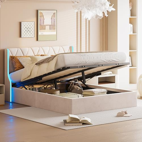 FreeWind Letto imbottito 140 x 190 cm con LED, letto idraulico con vano portaoggetti e rete a doghe, letto matrimoniale per ragazzi, letto a molle con contenitore idraulico, tessuto in velluto, senza