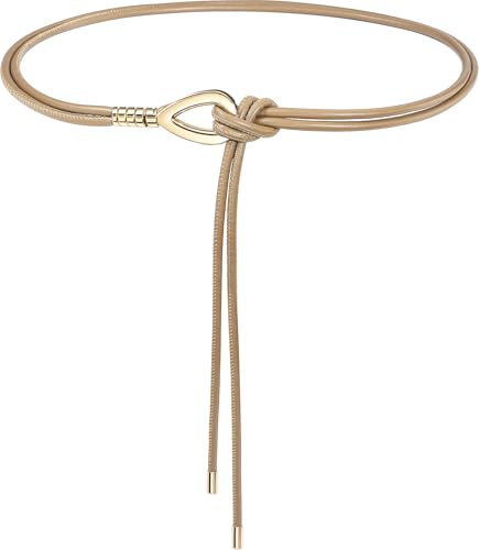 Buywis Women Knotted Waist Belt PU Leather Skinny Belts Gold Buckle Thin Belts for Dresses Khaki Fit Waist 28-40