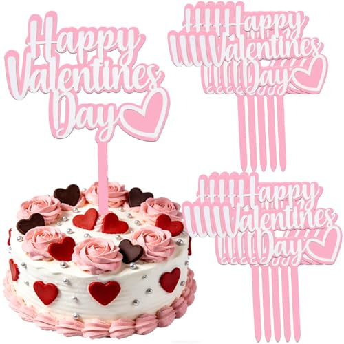10PCS Happy Valentine's Day Cake Toppers Pink Valentines Heart Cupcake Toppers for Valentine's Day Birthday Wedding Anniversary Engagement Party Cake Decoration Supplies