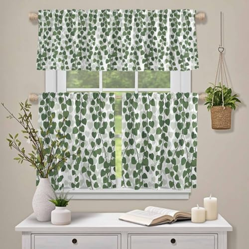 Kitchen Curtain Valance and Tiers 3 Piece Set, Spring Plants Ivy Rod Pocket Valances for Windows Tier Curtains, Green Heartleaf Philodendron Privacy Window Treatment for Bedroom Bathroom Living Room