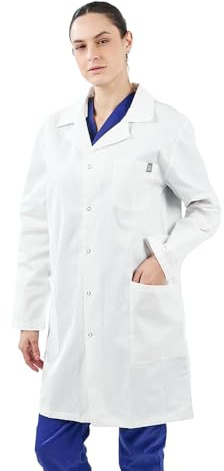 MYLOOKPRO - Blouse Médicale Blanche Manches Longues – Blouse Professionnelle Unisexe 100% Coton – Boutons Pression – 3 Poches – Tenue Laboratoire, Infirmier, Dentiste, Vétérinaire