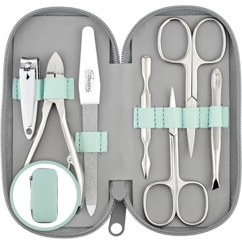 marQus set manicura de 7 piezas de Solingen - Set de manicura y pedicura en estuche de piel auténtica, 2 tijeras, cortaúñas, lima, retira-cutícula, alicate y pinza, para hombre y mujer