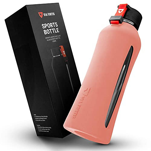 VIA FORTIS® Glasflasche mit hochwertiger Silikonhülle - Trinkflasche für Sport, Fitness, Gym, Fahrrad & Büro - Bruchsicher & BPA-frei - 550ml (03 - Tropical Peach - Rosa Apricot)