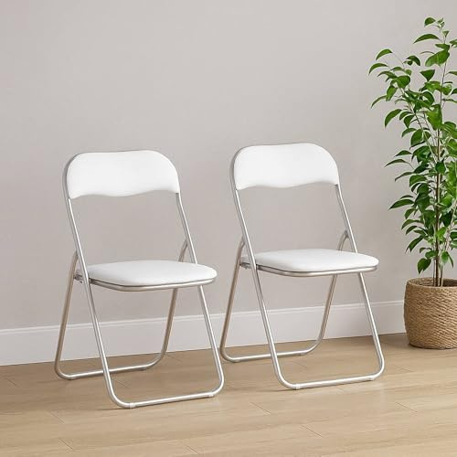 Dmora - Set di 2 sedie pieghevoli Marbella, Poltrona salvaspazio, Sedia per ospiti, Seduta per riunioni in simil ecopelle, 43x47h80 cm, Bianco