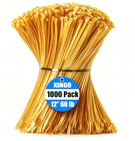 XINGO Gold Cable Ties Pack of 1000, 300mm x 4.8mm, Premium Nylon Durable Zip Ties, Self-Locking UV Resistant Nylon Plastic Wire Ties for Indoor and Outdoor