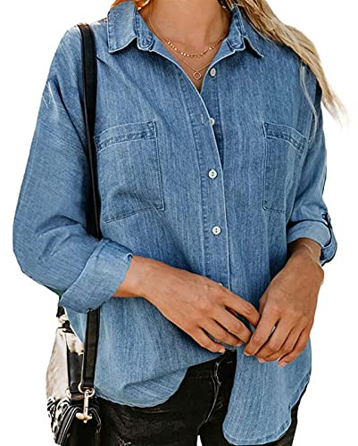 Sawmew Jeansskjorta Långärmad Jeansblus Med Knäppning För Kvinnor Mode Vår Höst Lätt Jeansjacka Med Fickor (Color : Light blue A, Size : M)