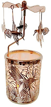 Kingnero Glas teelichthalter karussell, Windlicht Karussell, Drehbar Kerzenhalter windmühle Kerze (Rose goldene Kolibri)