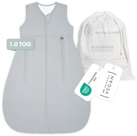 emma & noah Baby Schlafsack 1.0 TOG, Ganzjahres Schlafsack für den Frühling, Sommer und Herbst, 100% Bio-Baumwolle, OEKO-TEX Zertifiziert, Strampelsack für Neugeborene (Essential Grau, 60 cm)