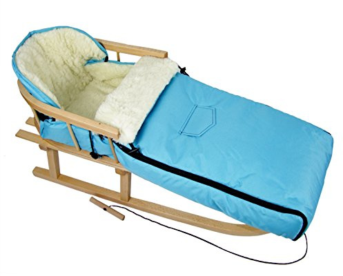 Kombierbjudande träsläde med ryggstöd och dragrep + universell vinteråksäck (108 cm), även lämplig för babystol, barnvagn, buggy, lammull, uni (turkos + släde)