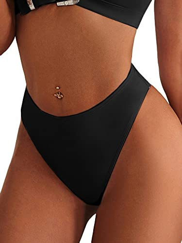 GORGLITTER Women's High Cut Bikini Bottom Stretchy Solid Beachwear Swimsuit Brief Panty Black S