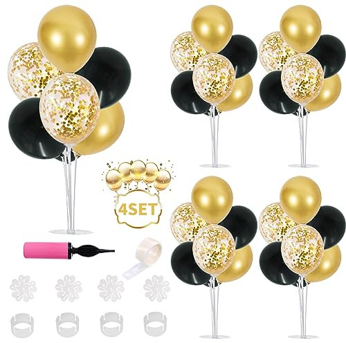 Balloon Stand Kit 4 Sets for Table Centerpieces Include 32 Pcs Black Gold Latex Confetti Balloons for Birthday, New Years Eve 2026, Graduation, Happy New Years Party Decorations
