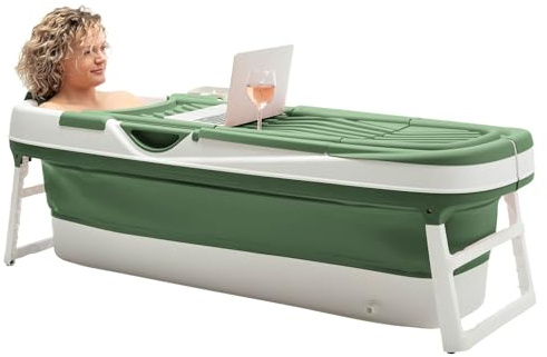HelloBath® Opvouwbare Badkuip XXL 157x60x48 cm voor Volwassenen | Draagbare Badkuip met Badkussen, Opbergtas, LED-lamp & Massagerollers | Mobiele voor Douche & Buiten | Groen