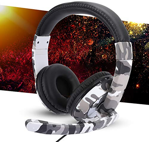Auriculares Omnidireccionales para Juegos de 3.5 Mm, Auriculares Juveniles de Camuflaje Blanco con Micrófono, Auriculares sobre la Oreja Almohadillas Suaves para la
