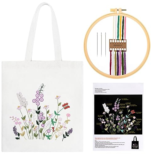 JSRQT Kit de Bordado Principiantes, Canvas Tote Bag Kits de Punto de Cruz con Patrón Floral, Kit de Inicio de Bordado a Mano Bolsa de Lona incluye Aro e Instrucciones para Mujeres y Niñas, Blanco