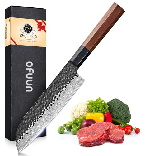 oFuun Coltello da Cucina Santoku Professionale 18 cm, Coltello da Chef Giapponese Damasco, Coltello in Acciaio Inossidabile ad Alto Tenore di Carbonio VG-10, Manico in Palissandro e Confezione Regalo