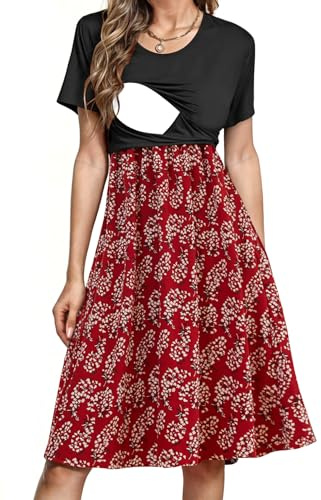 Abito estivo da donna per allattamento e gravidanza, a maniche corte, stile patchwork, con tasche, M